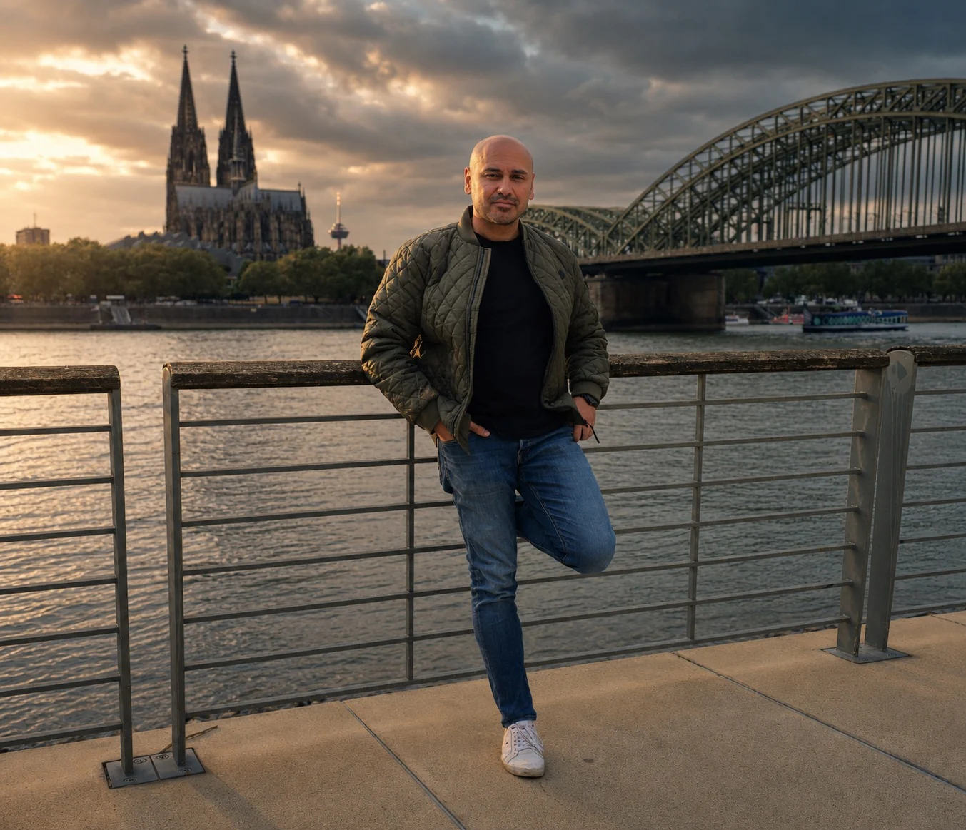 Dominique Mahler am Rhein mit Kölner Dom und Hohenzollernbrücke im Hintergrund